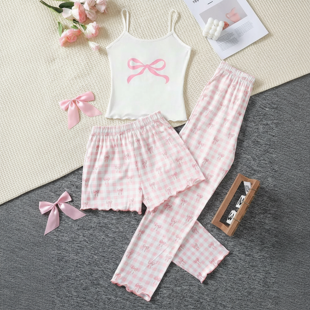 3 Pieces Knit Loungewear Set With Camisole And Pants For Girls