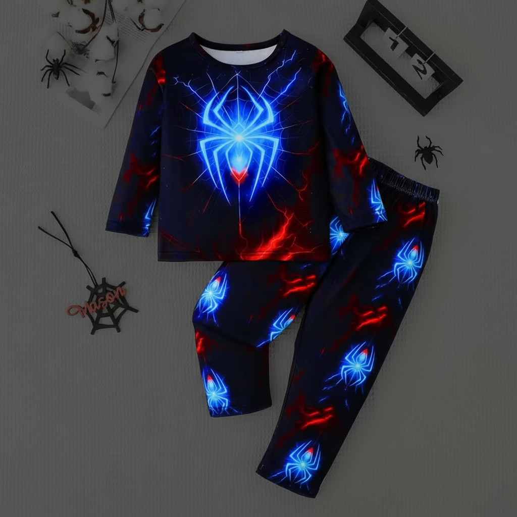 Long Sleeve T Shirt And Pant Set With Spider Design For Boys