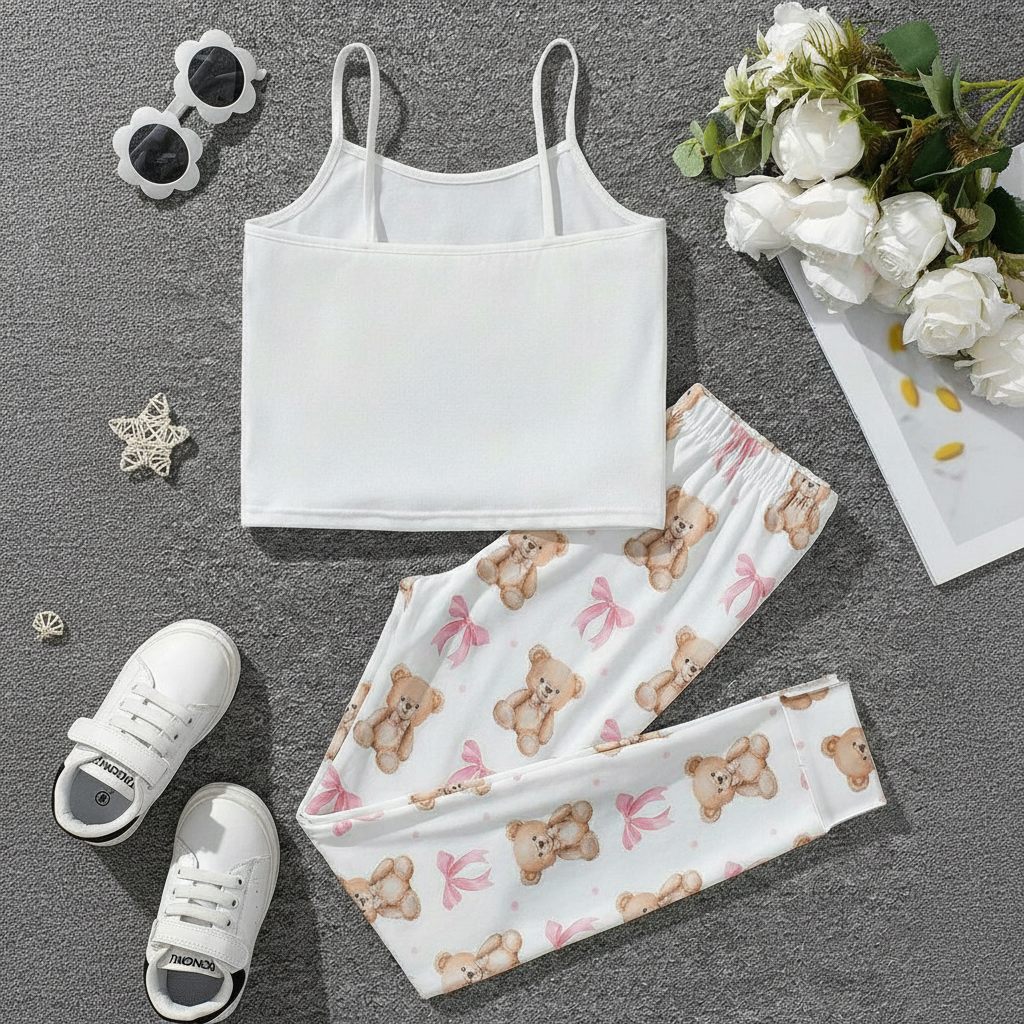 2 Piece Teddy Bear Printed Loungewear Set With Crop Camisole And Pants For Girls