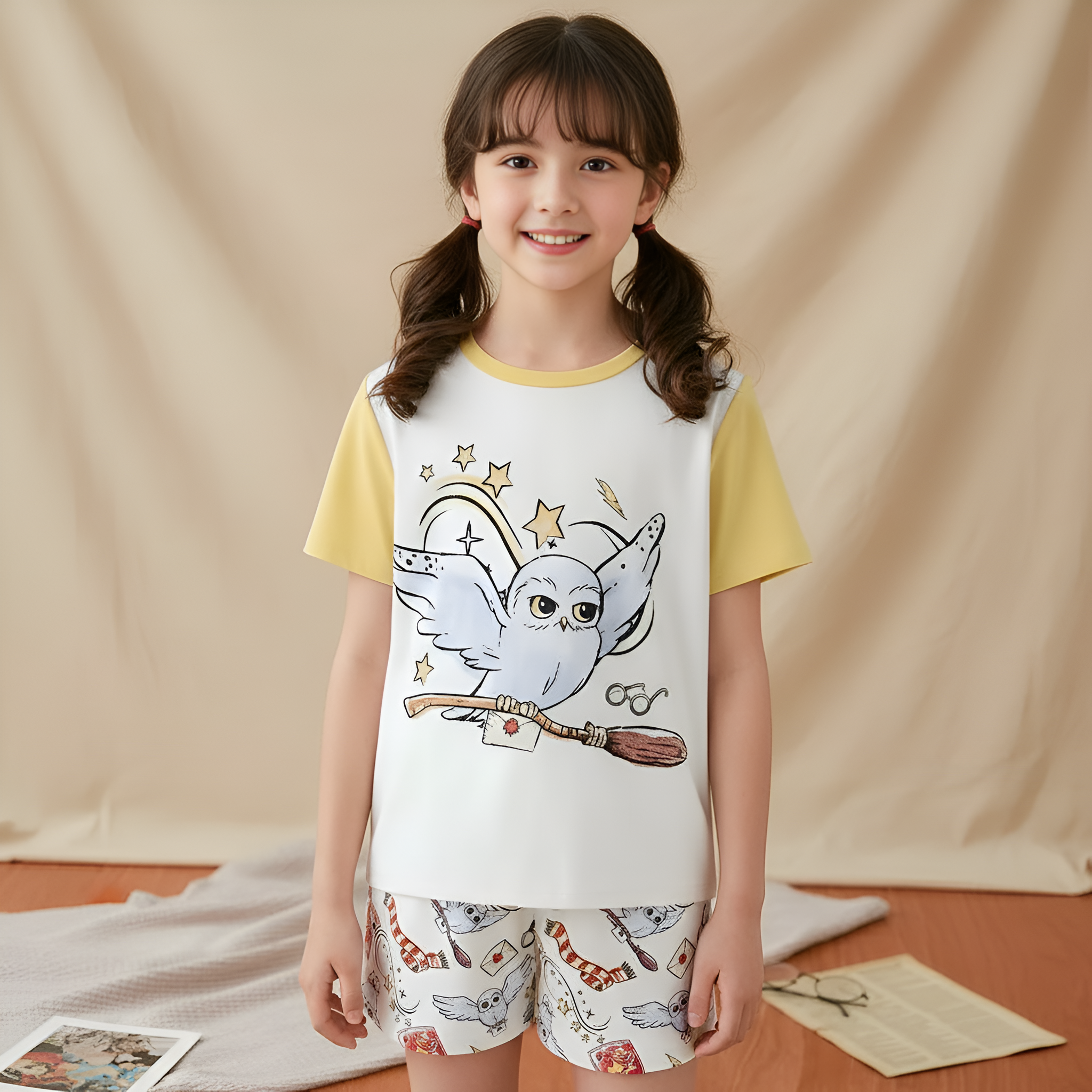 2 Piece Owl Printed Pajama Set With T Shirt And Shorts For Girls