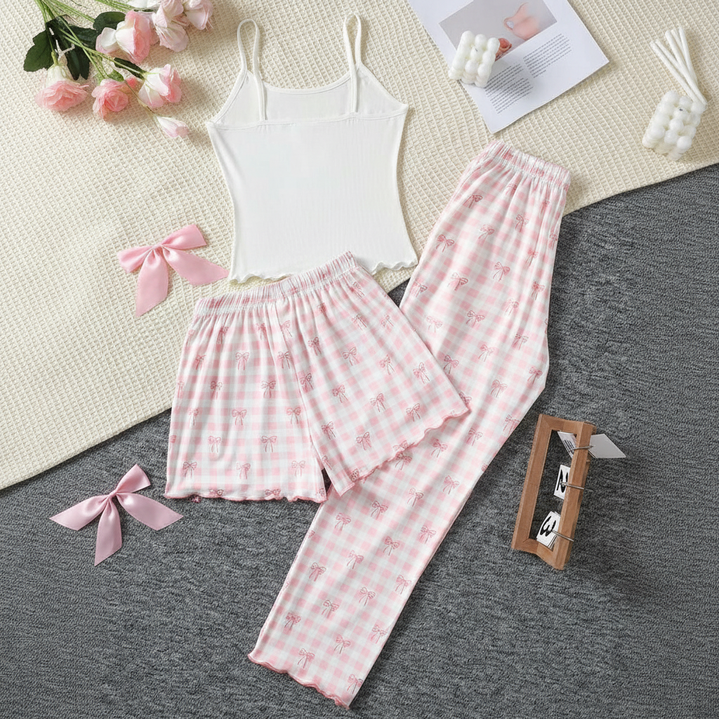 3 Pieces Knit Loungewear Set With Camisole And Pants For Girls