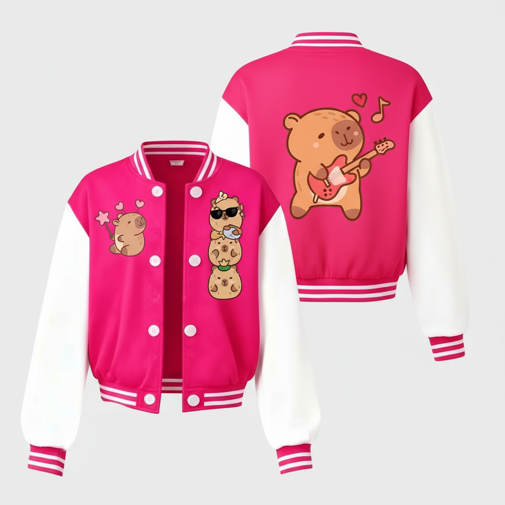 Stylish Capybara Themed Girls Baseball Jacket For Everyday Wear