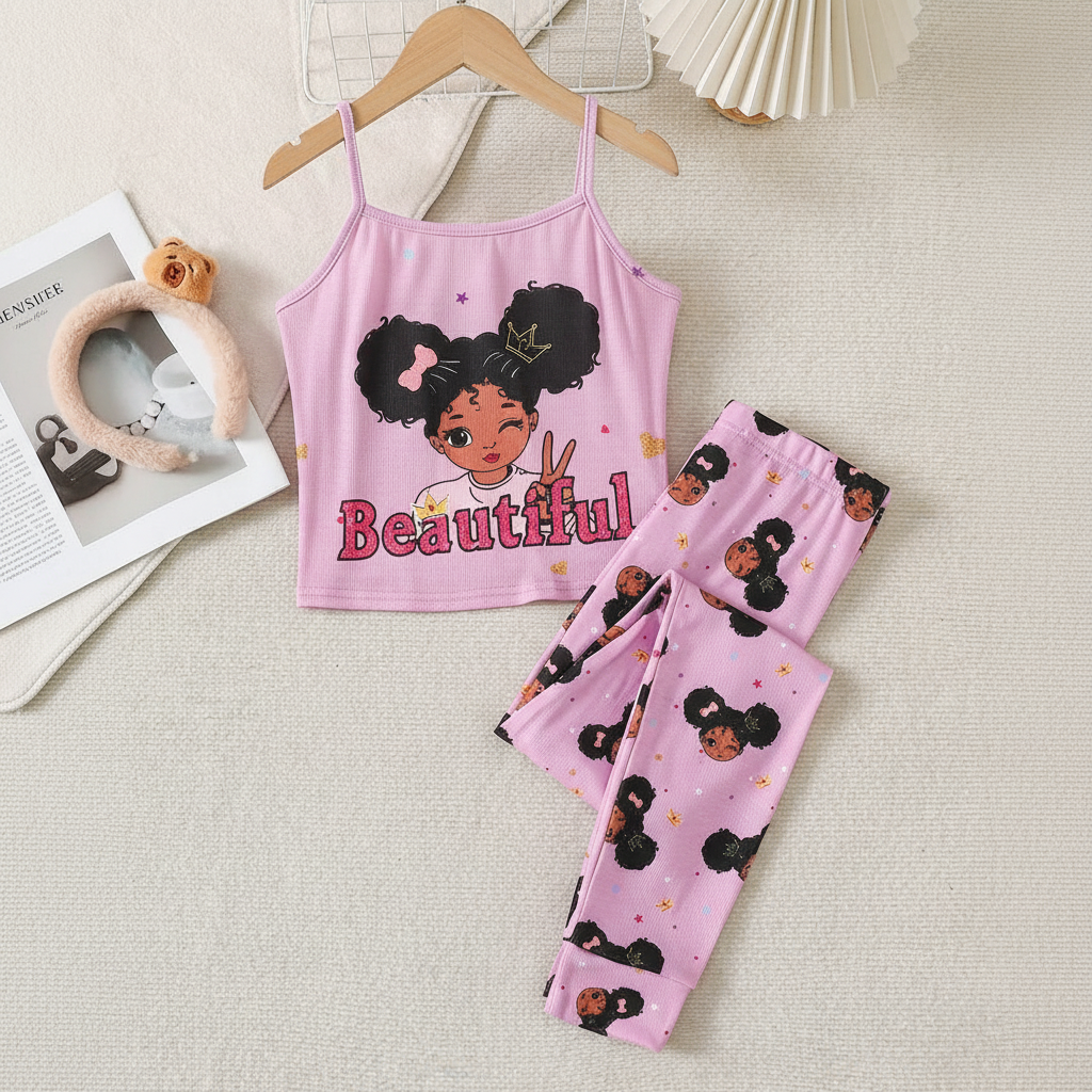 2 Piece Teddy Bear Printed Loungewear Set With Crop Camisole And Pants For Girls