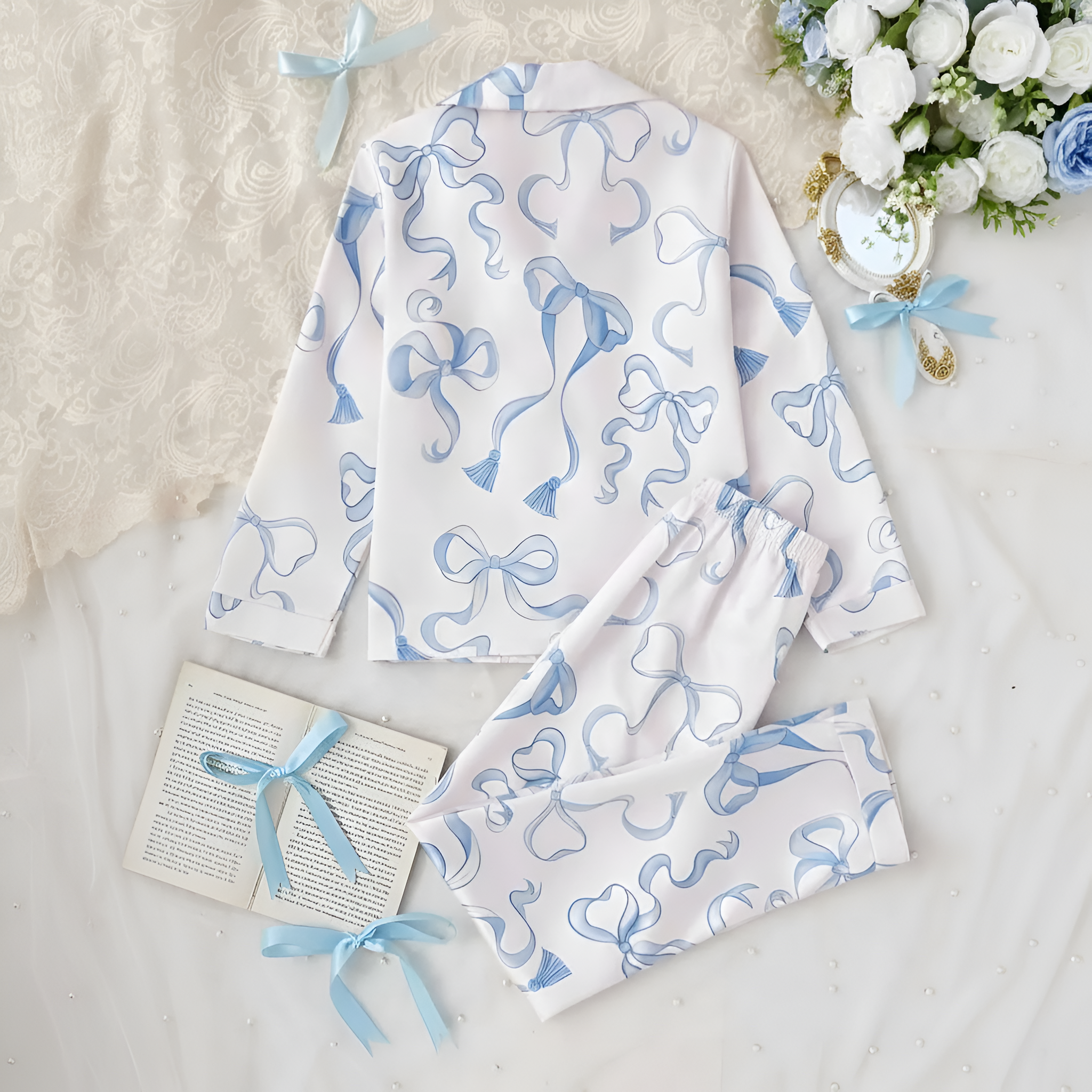2 Piece Bow Printed Pajama Set With Long Sleeve Shirt And Pants For Girls
