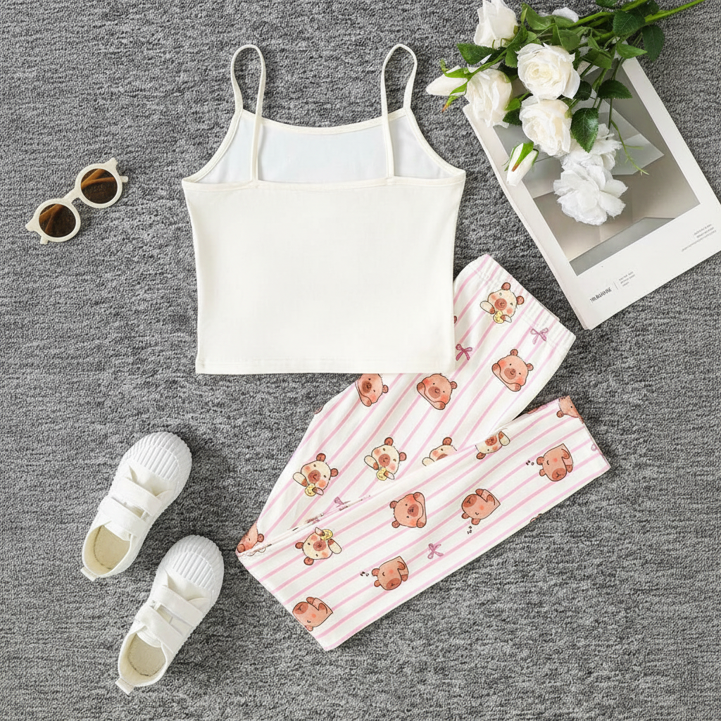 2 Piece Teddy Bear Printed Loungewear Set With Crop Camisole And Pants For Girls
