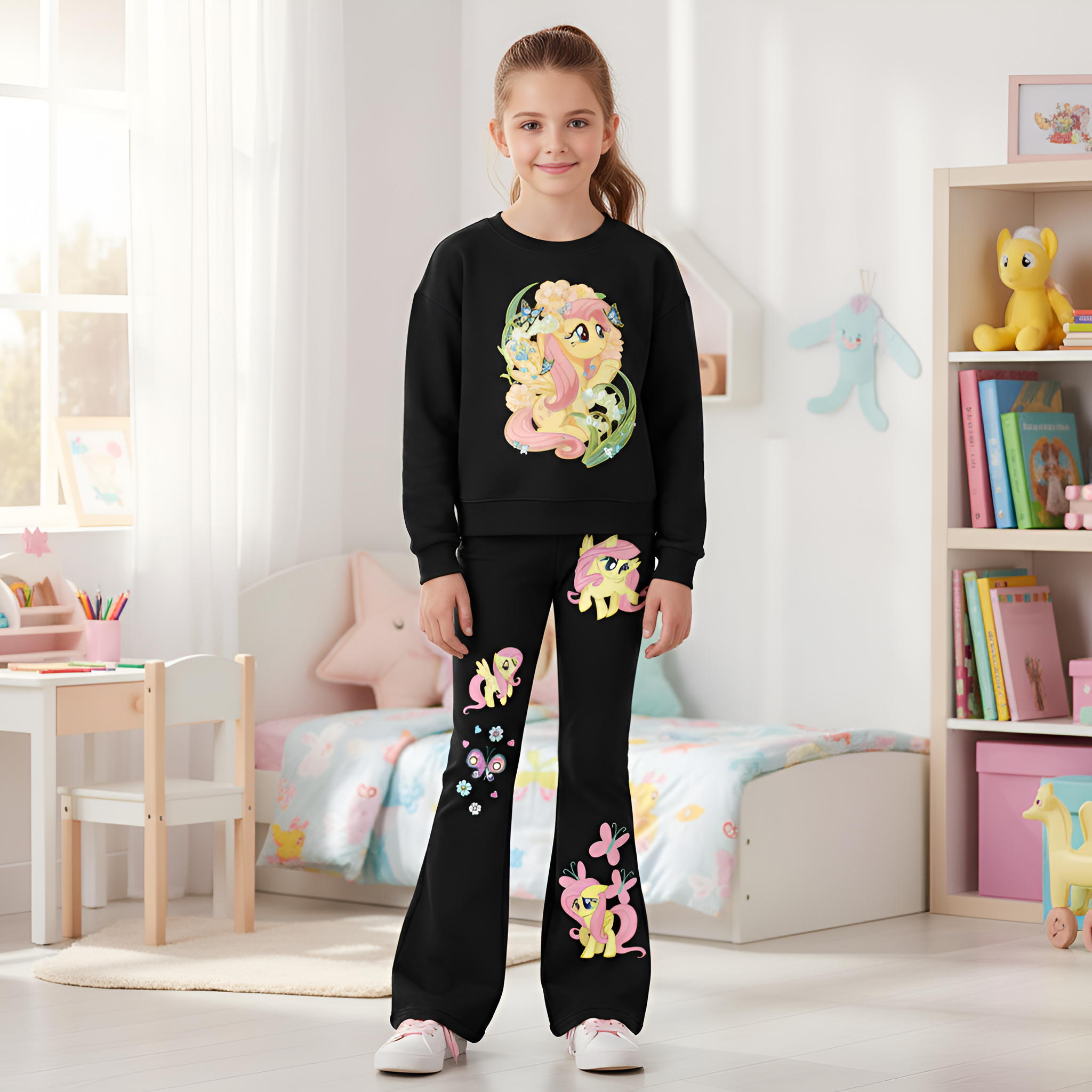 Fluttershy Design Printed Sweatshirt And Flared Pants Set For Girls