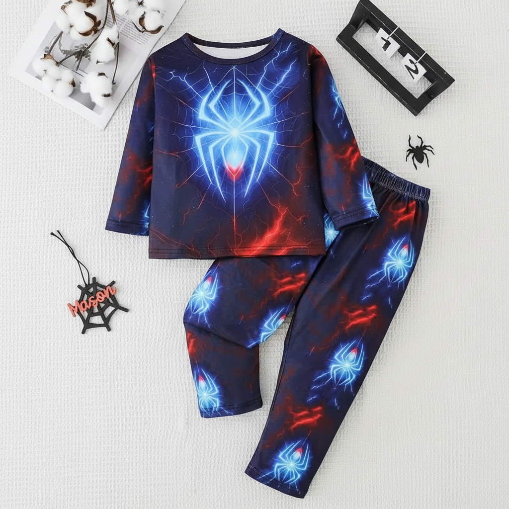 Long Sleeve T Shirt And Pant Set With Spider Design For Boys