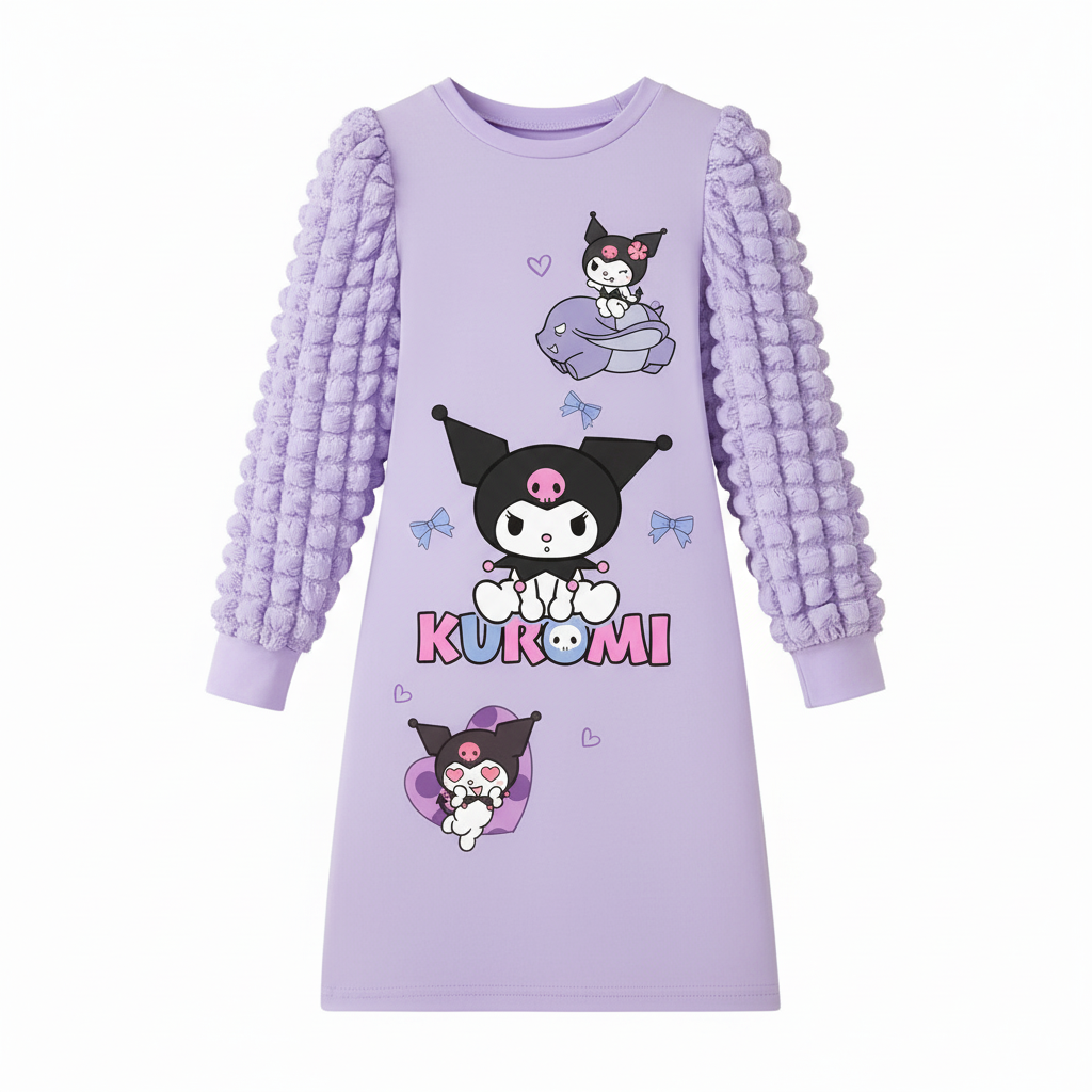 Kuromi Graphic Casual Dress With Puff Sleeves For Girls