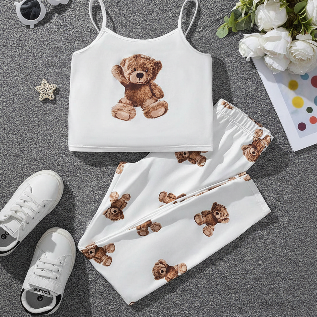 2 Piece Teddy Bear Printed Loungewear Set With Crop Camisole And Pants For Girls