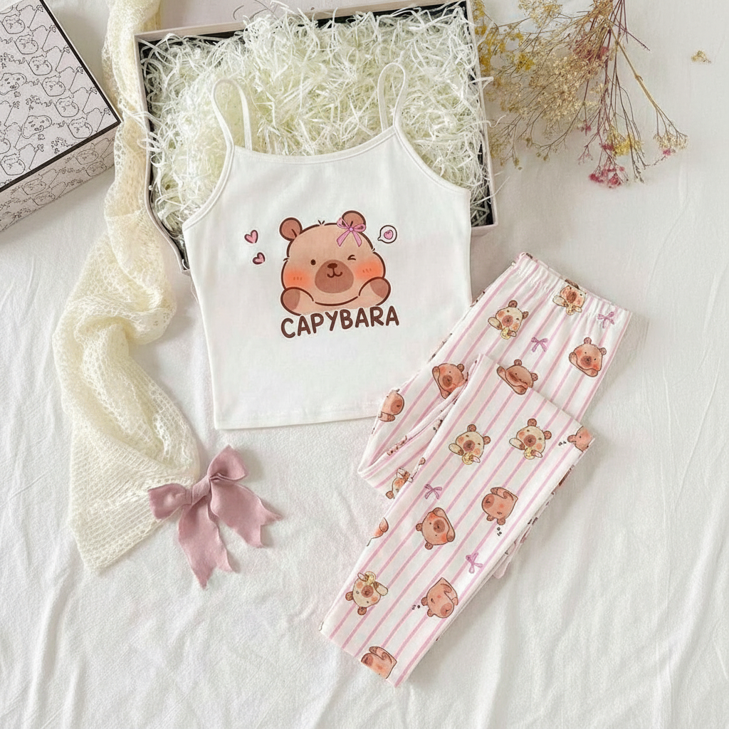 2 Piece Teddy Bear Printed Loungewear Set With Crop Camisole And Pants For Girls