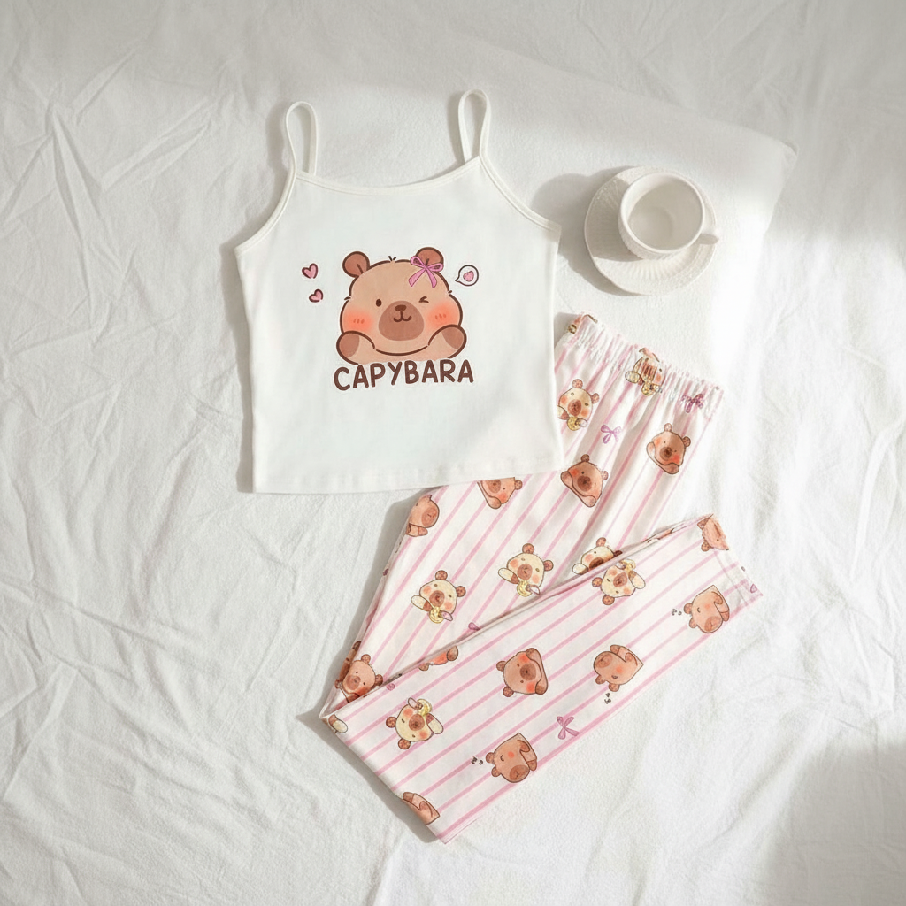 2 Piece Teddy Bear Printed Loungewear Set With Crop Camisole And Pants For Girls