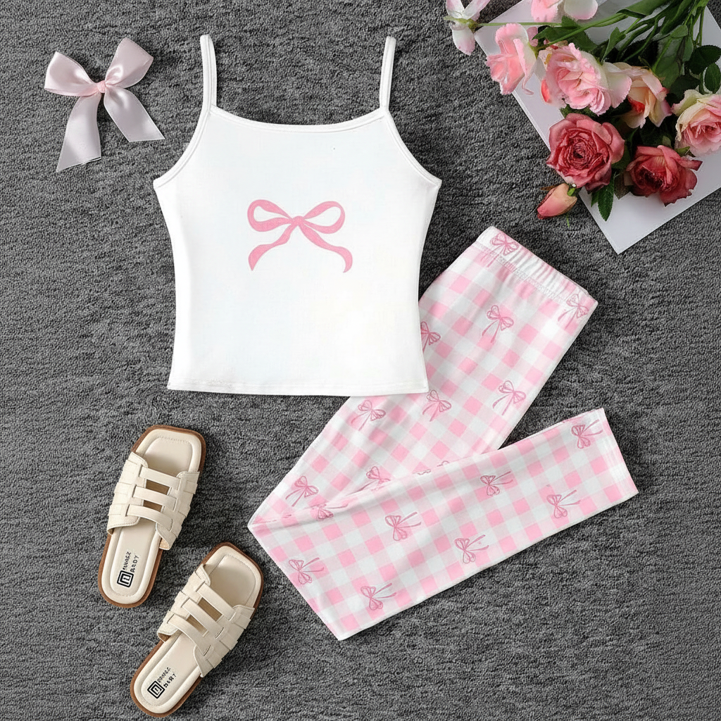 2 Piece Teddy Bear Printed Loungewear Set With Crop Camisole And Pants For Girls