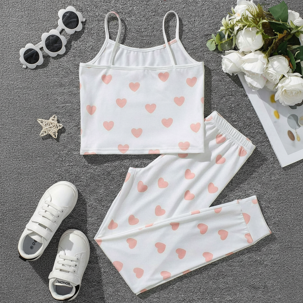 2 Piece Teddy Bear Printed Loungewear Set With Crop Camisole And Pants For Girls