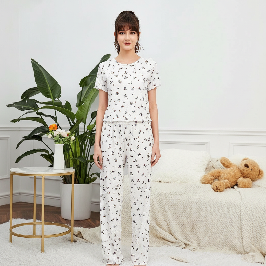 2 Piece Floral Printed Pajama Set With T Shirt And Long Pants For Girls