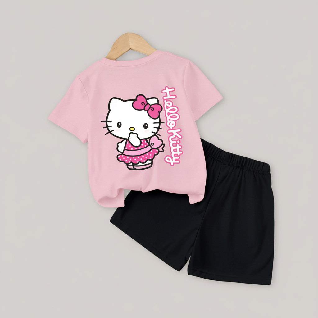 Hello Kitty Double Sided Print T Shirt And Shorts Set For Girls