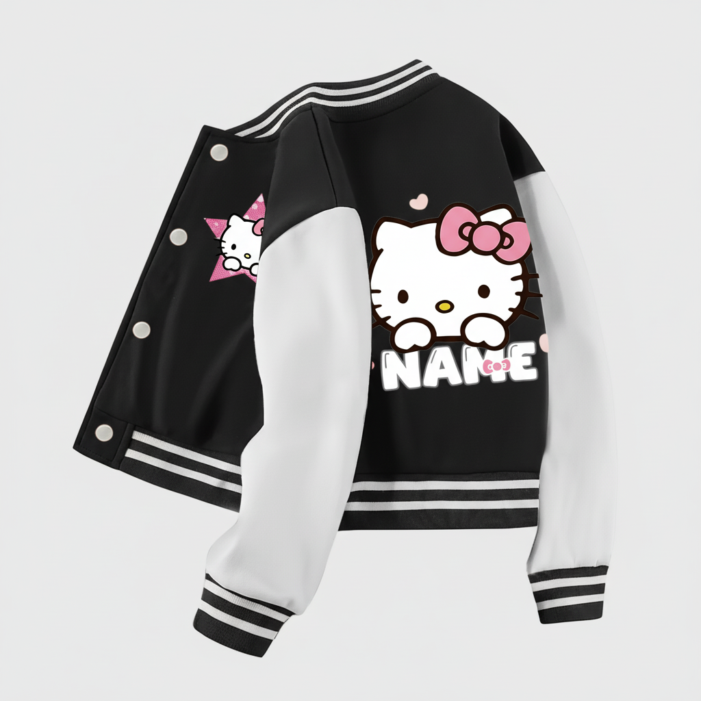 Customized Baseball Jacket With Hello Kitty Print Design For Girls 