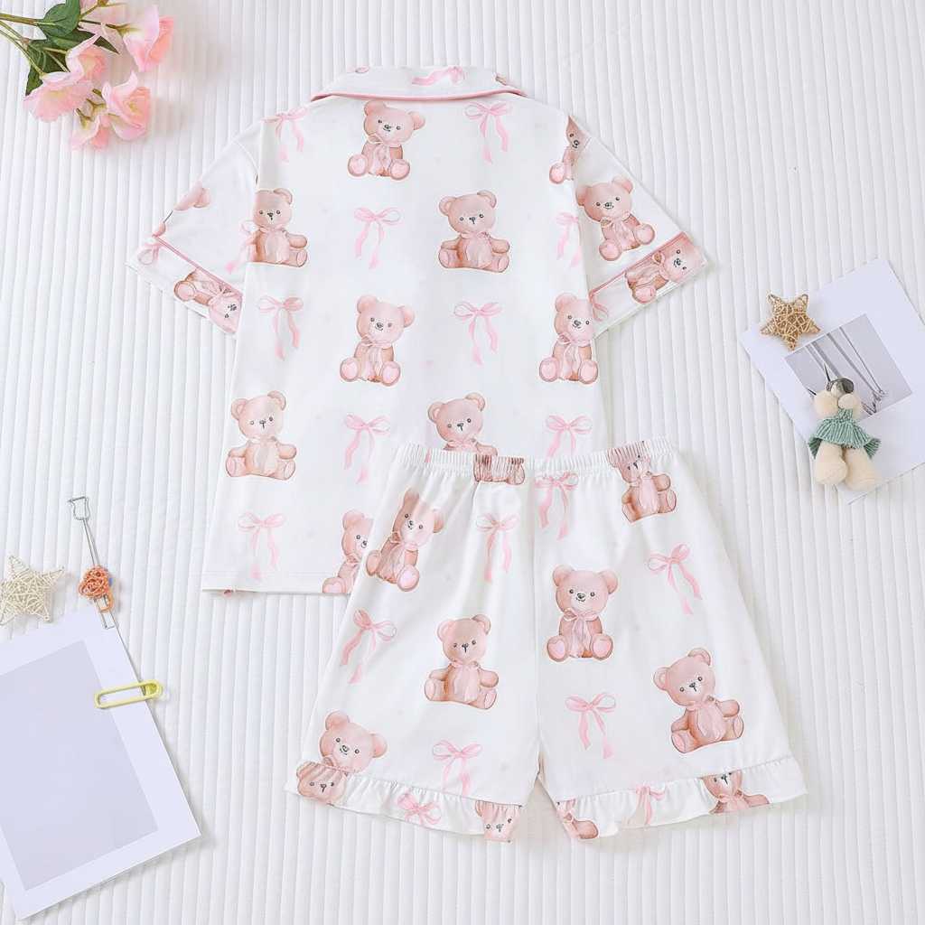 2 Piece Teddy Bear Print Short Sleeve Shirt And Shorts Pajama Set For Kids