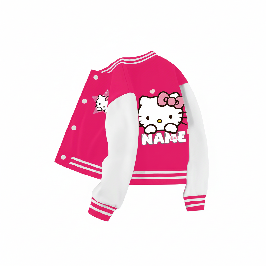 Customized Baseball Jacket With Hello Kitty Print Design For Girls 