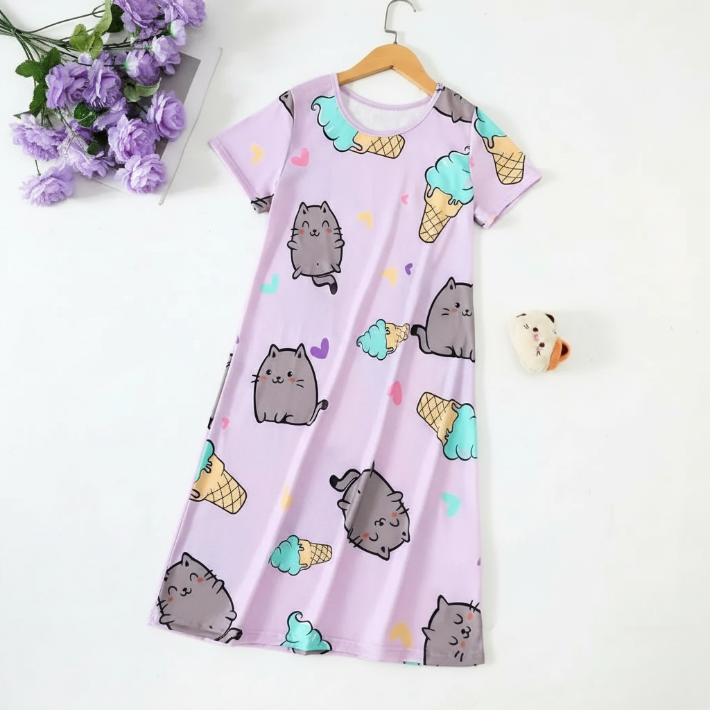 Short Sleeve Cartoon Printed Loose Sleep Dress For Girls