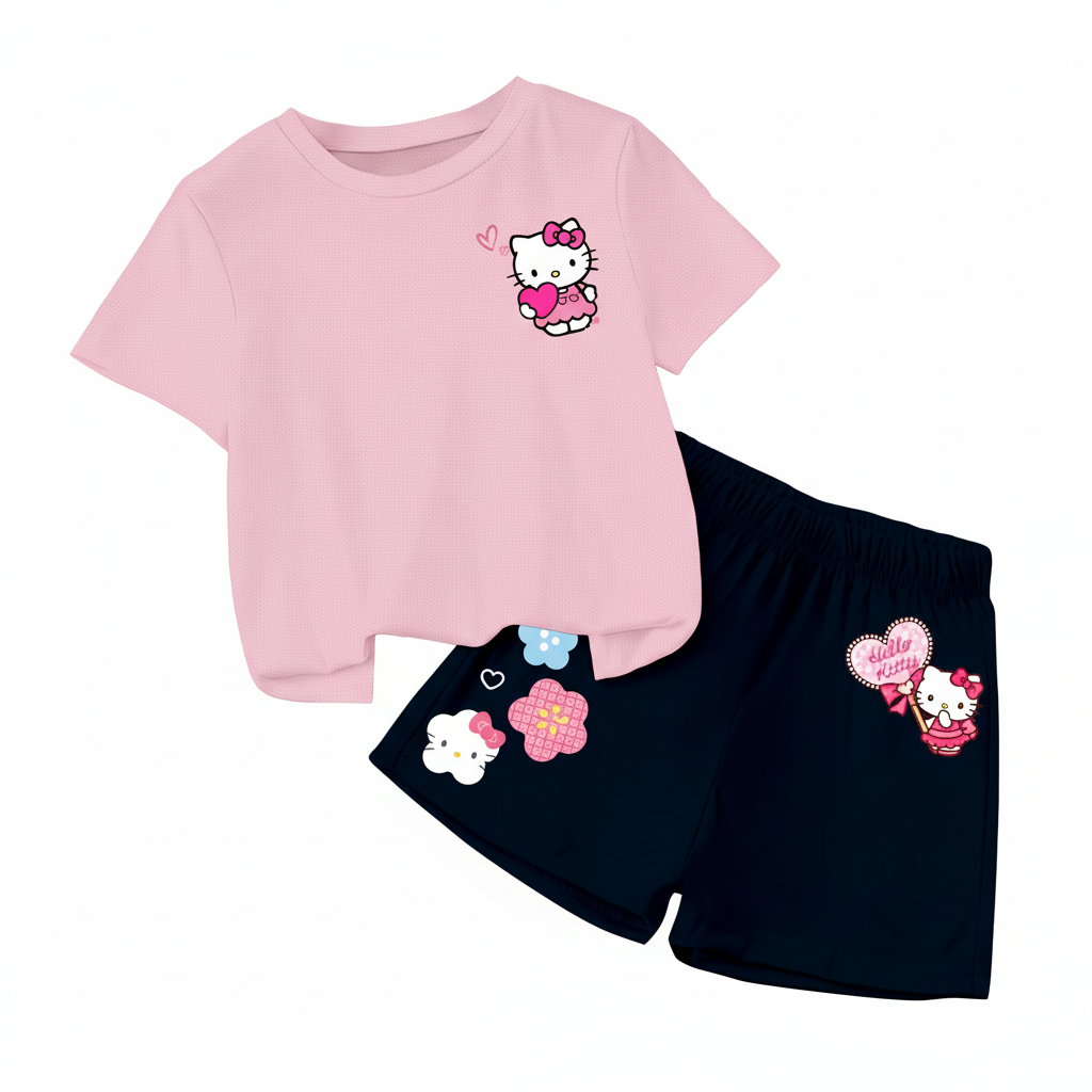 Hello Kitty Double Sided Print T Shirt And Shorts Set For Girls