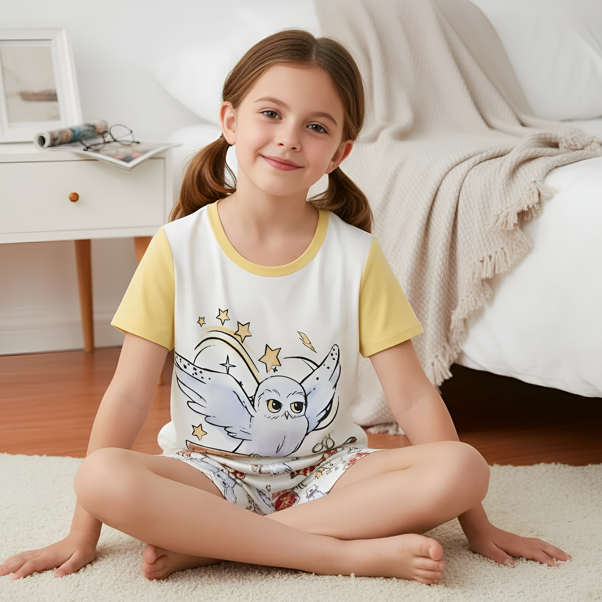 2 Piece Owl Printed Pajama Set With T Shirt And Shorts For Girls