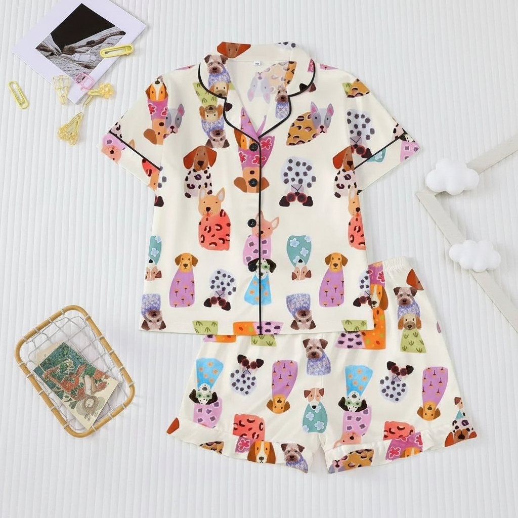 2 Piece Cartoon Puppy Print Sleepwear Shirt And Short Pajama Set For Kids