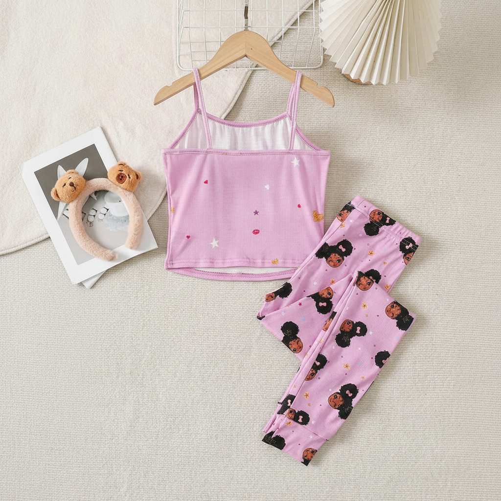 2 Piece Teddy Bear Printed Loungewear Set With Crop Camisole And Pants For Girls