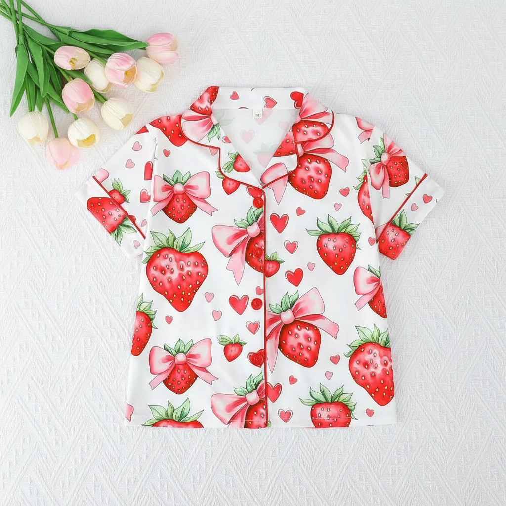 2 Piece Strawberry Print Short Sleeve Shirt And Shorts Pajama Set For Kids
