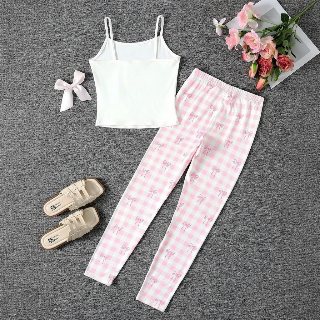 2 Piece Teddy Bear Printed Loungewear Set With Crop Camisole And Pants For Girls