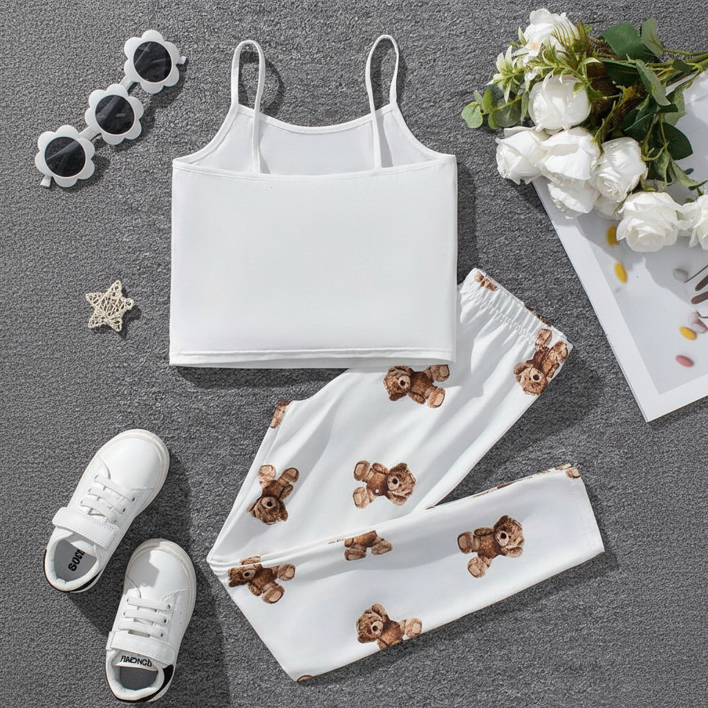 2 Piece Teddy Bear Printed Loungewear Set With Crop Camisole And Pants For Girls