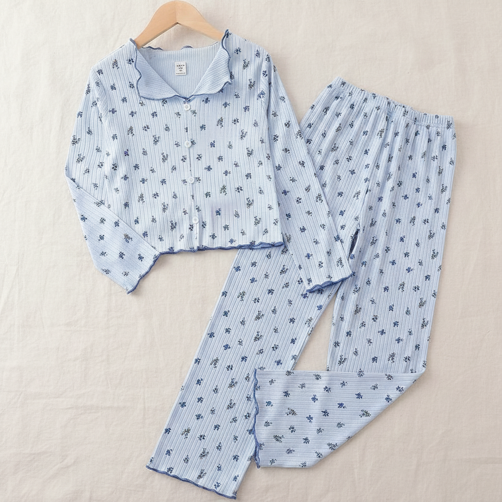 2 Piece Floral Print Rib Knit Top And Pants Pajama Set