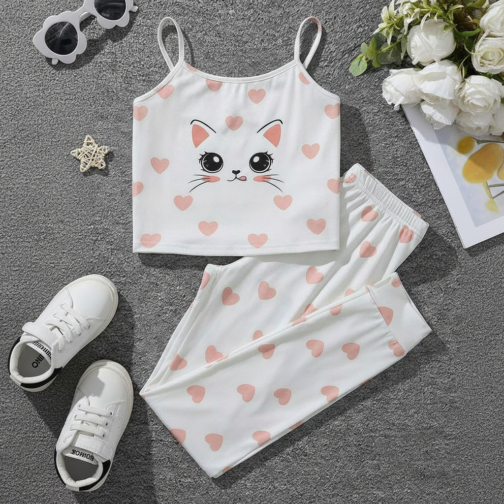 2 Piece Teddy Bear Printed Loungewear Set With Crop Camisole And Pants For Girls