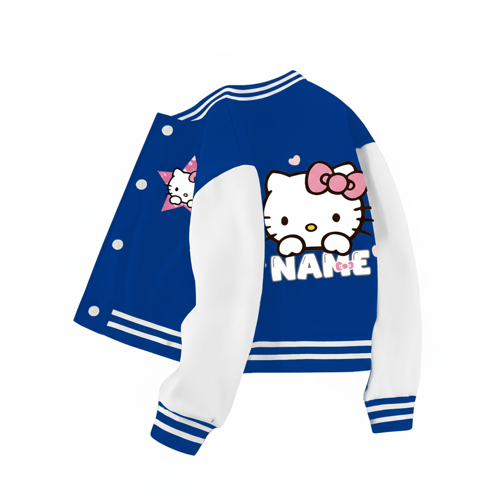Customized Baseball Jacket With Hello Kitty Print Design For Girls 