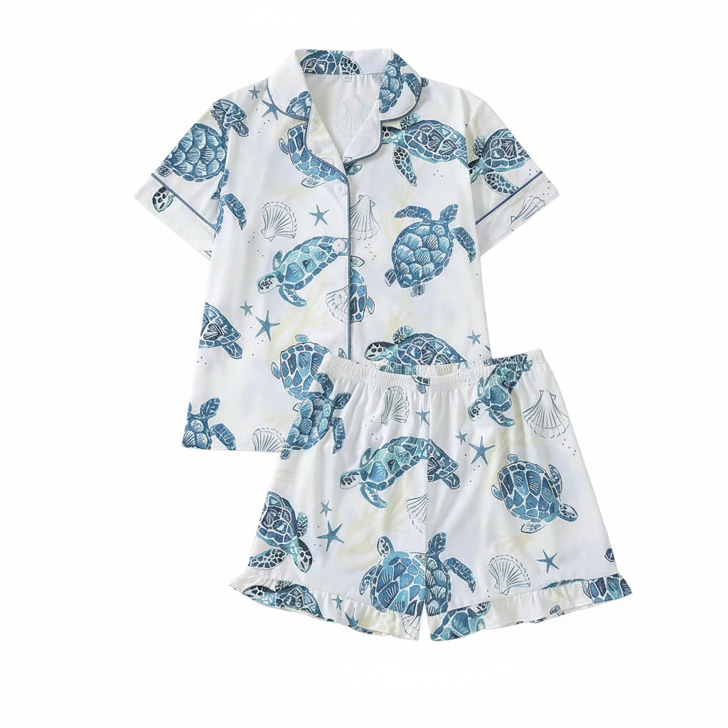 2 Piece Turtle Print Sleepwear Short Sleeve And Shorts Pajama Set For Kids