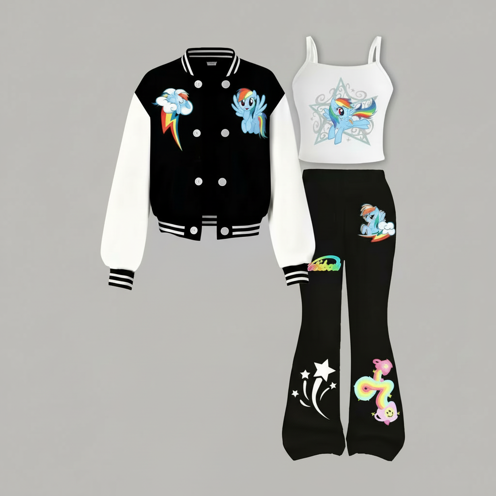 Little Pony Inspired 3 Piece With Top Jacket And Flared Pants Set