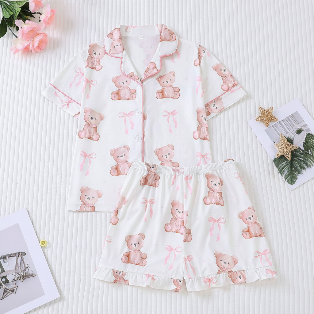 2 Piece Teddy Bear Print Short Sleeve Shirt And Shorts Pajama Set For Kids