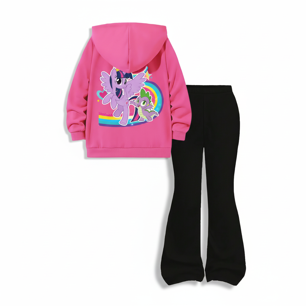  Hoodie And Flared Pants Set With Cartoon Character Printed For Girls 