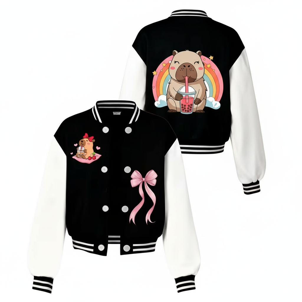 Kawaii Bear Drink Cartoon Printed Baseball Jacket For Girls