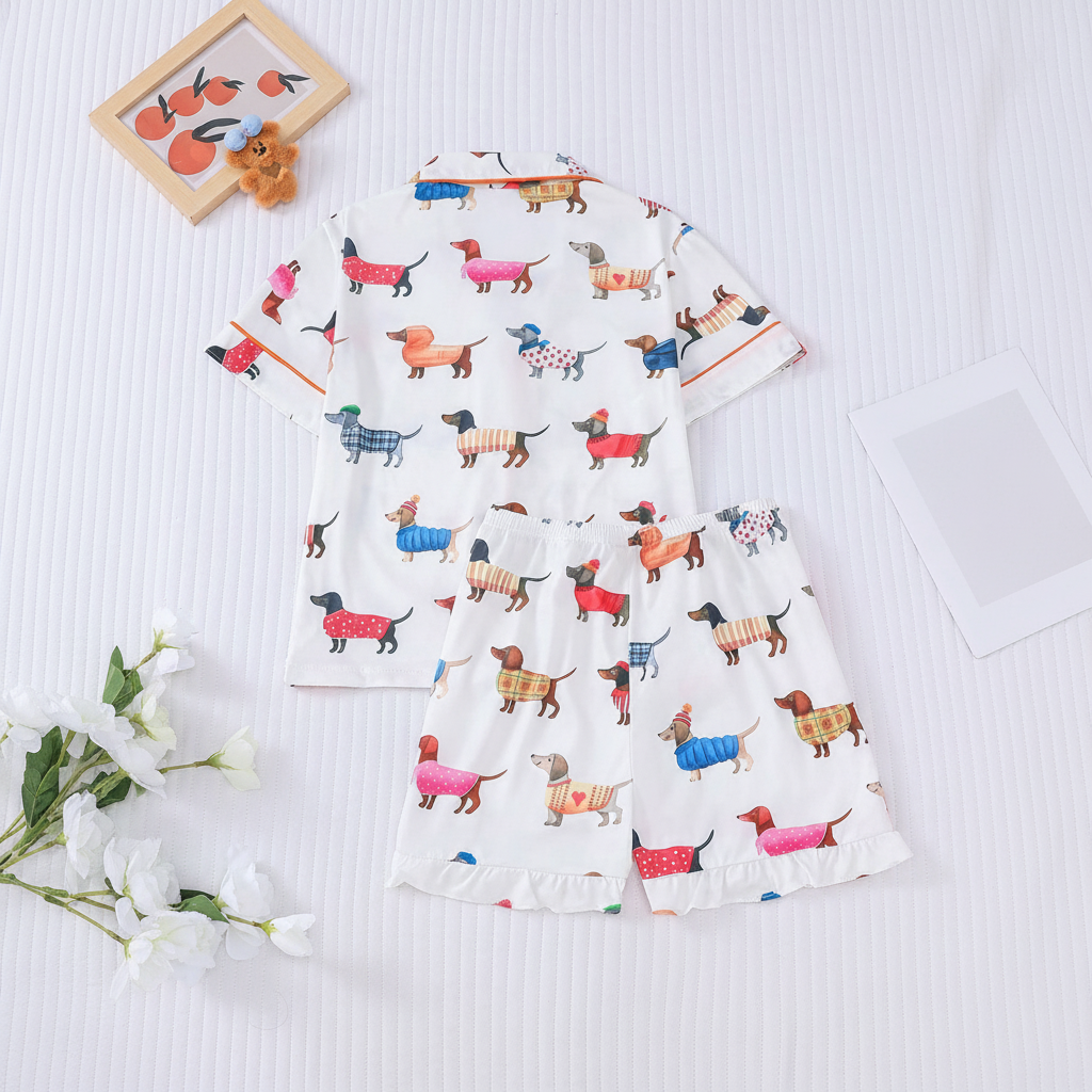 2 Piece Dog Print Sleepwear Shirt And Shorts Pajama Set For Kids
