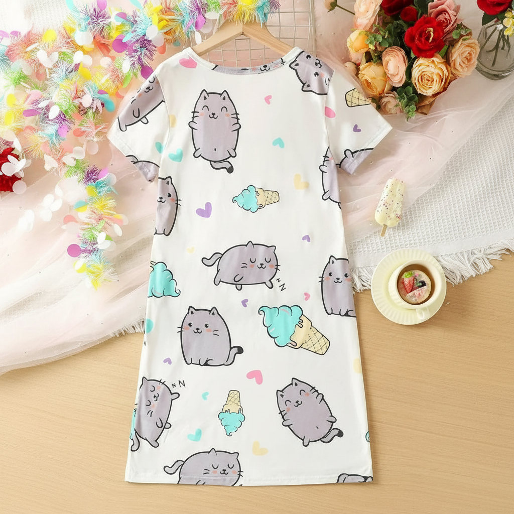 Short Sleeve Cartoon Printed Loose Sleep Dress For Girls