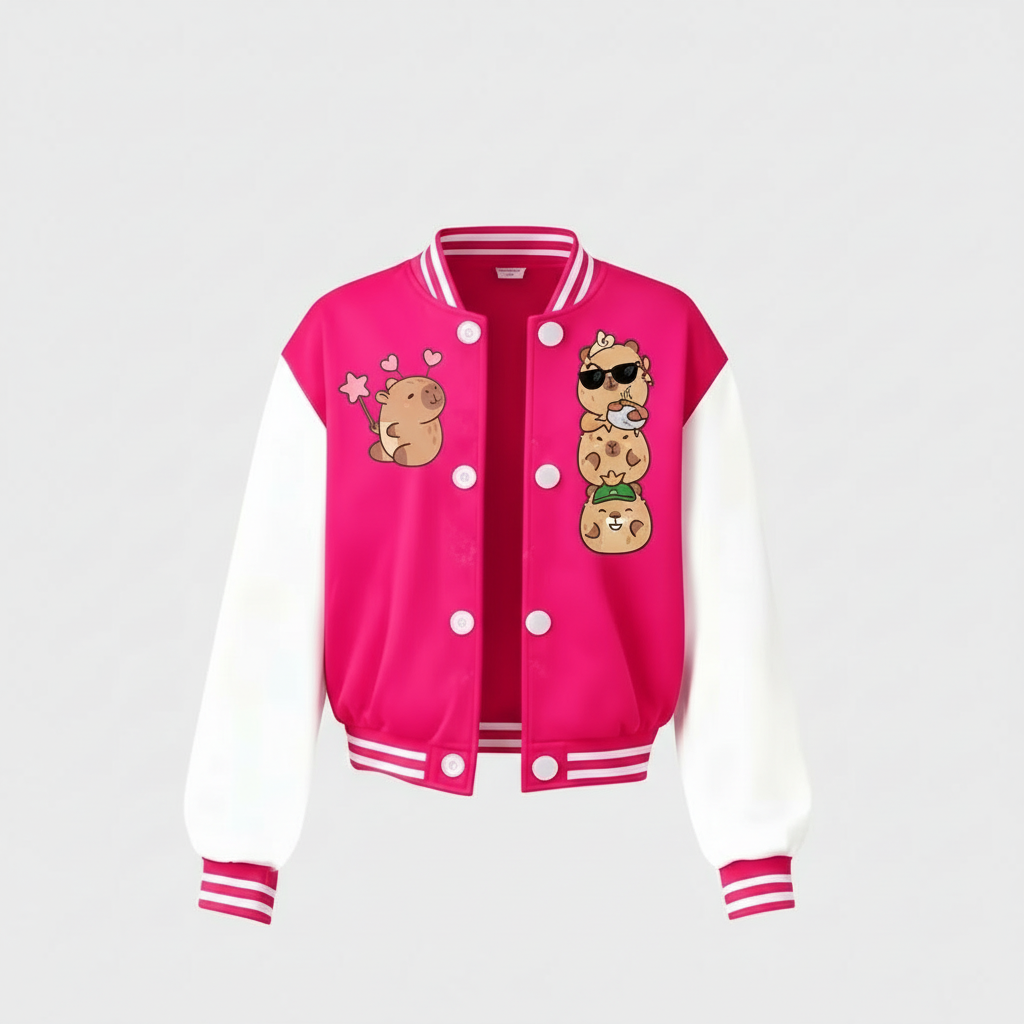 Stylish Capybara Themed Girls Baseball Jacket For Everyday Wear