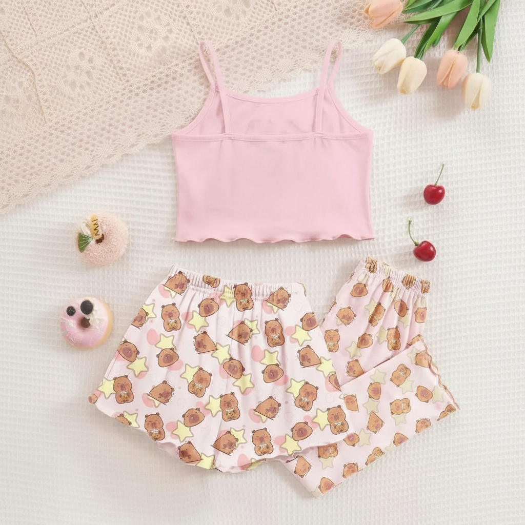 3 Pieces Knit Loungewear Set With Camisole And Pants For Girls