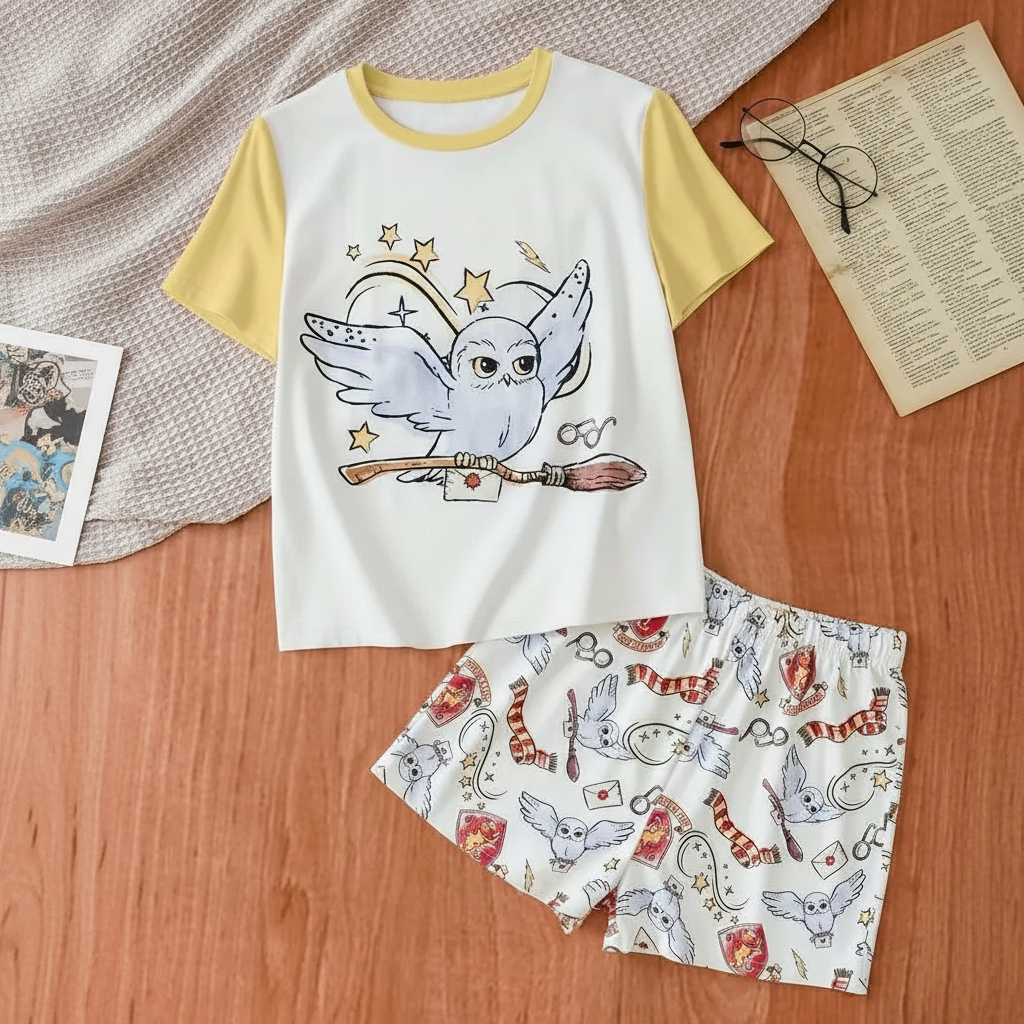 2 Piece Owl Printed Pajama Set With T Shirt And Shorts For Girls