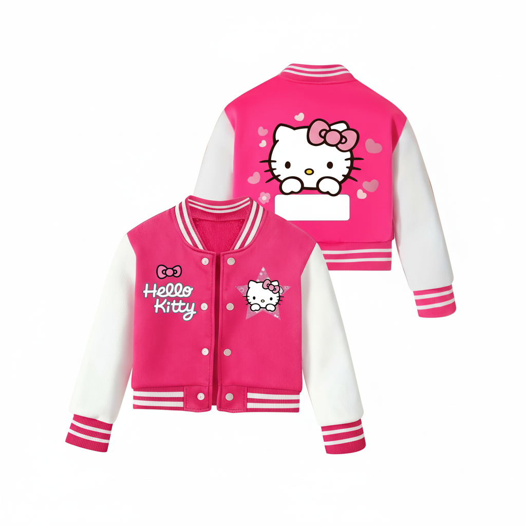 Customized Baseball Jacket With Hello Kitty Print Design For Girls 