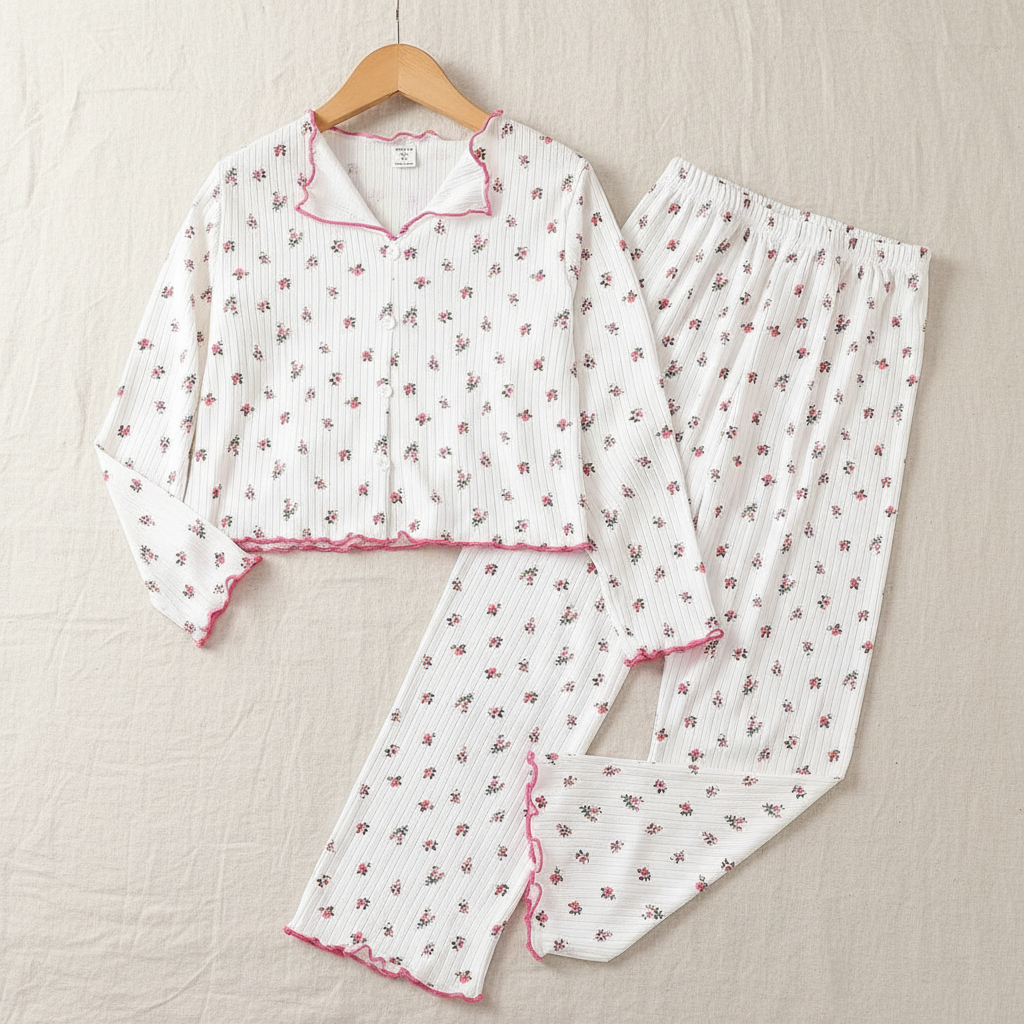 2 Piece Floral Print Rib Knit Top And Pants Pajama Set