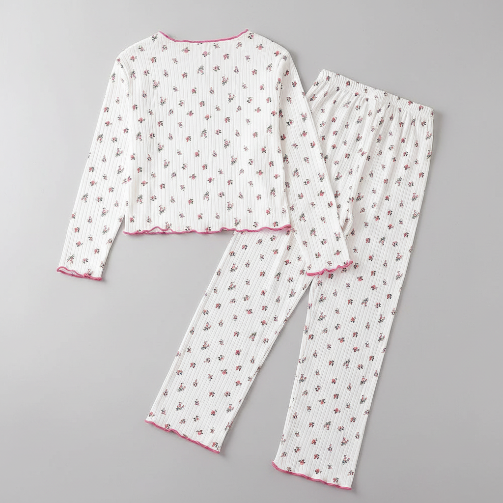 2 Piece Floral Print Rib Knit Top And Pants Pajama Set