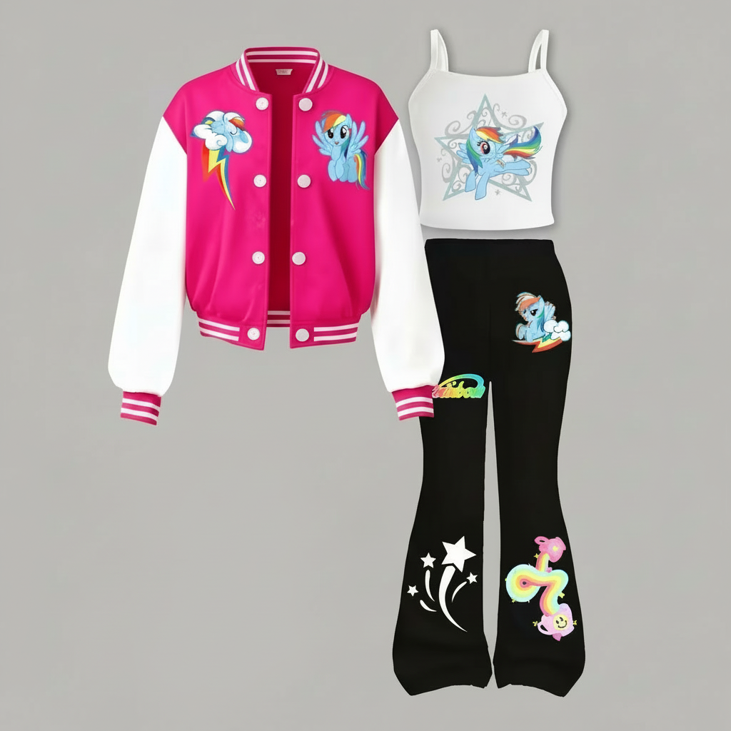 Little Pony Inspired 3 Piece With Top Jacket And Flared Pants Set