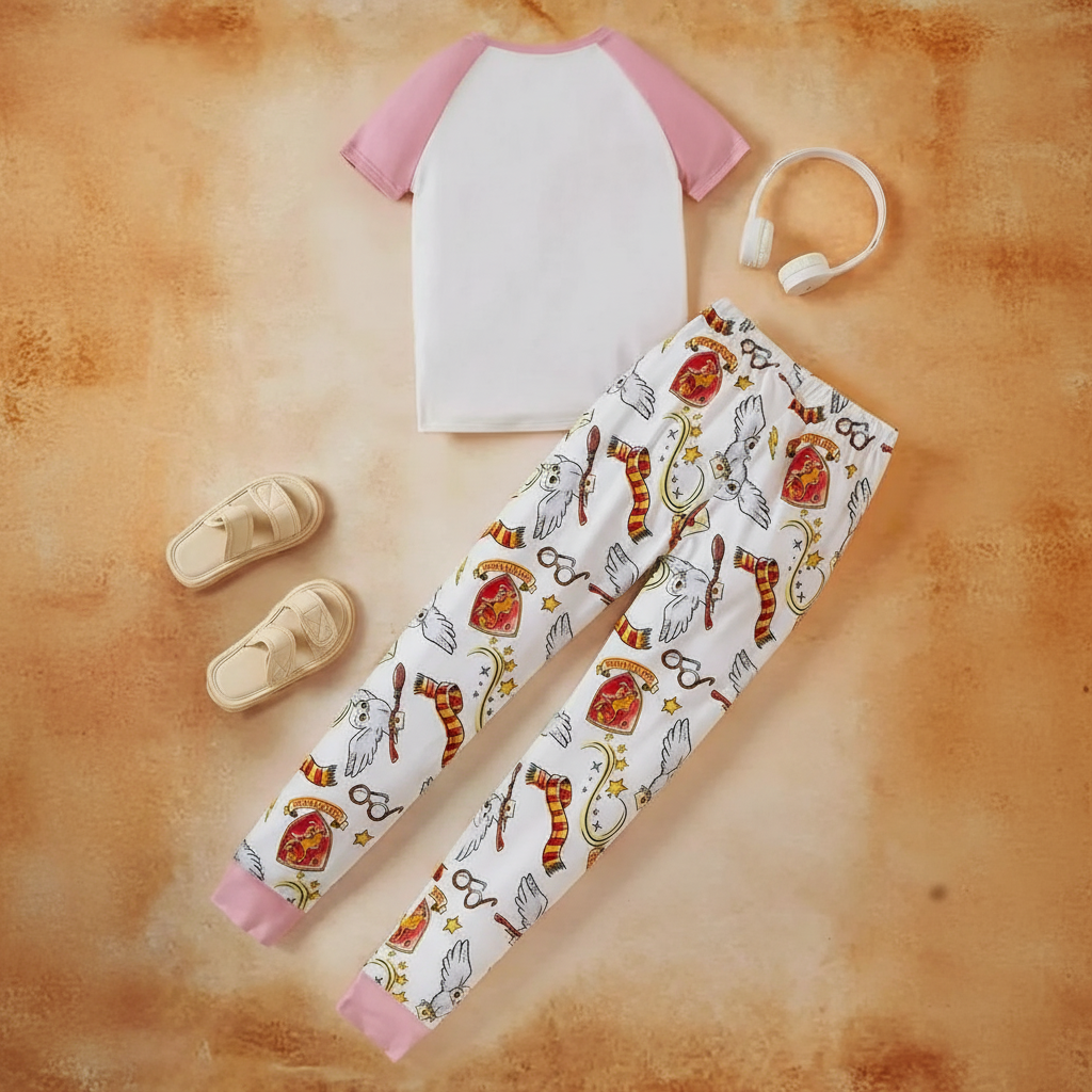 Cartoon Owl Printed Sleepwear Set With Soft Top And Gryffindor Style Pants