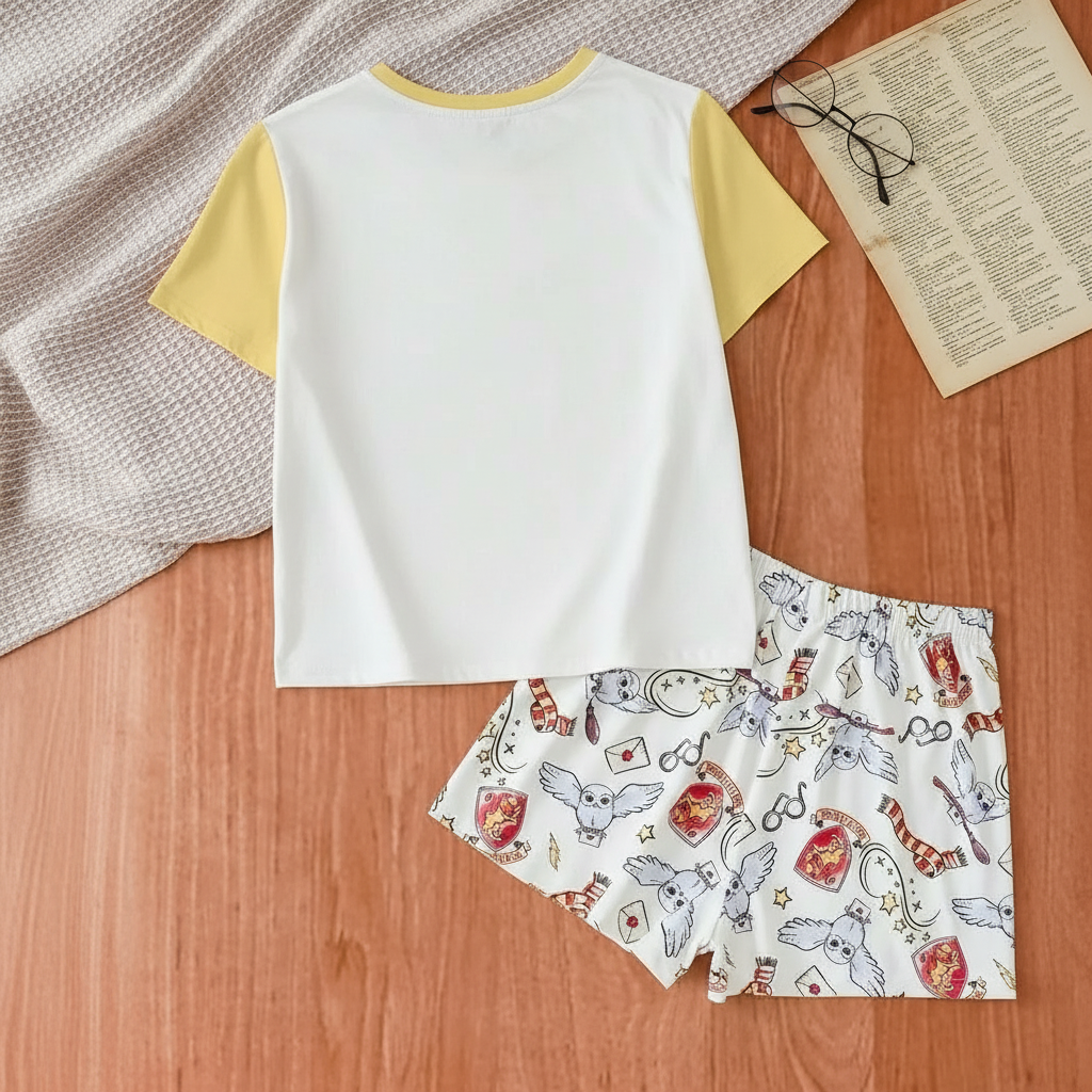 2 Piece Owl Printed Pajama Set With T Shirt And Shorts For Girls