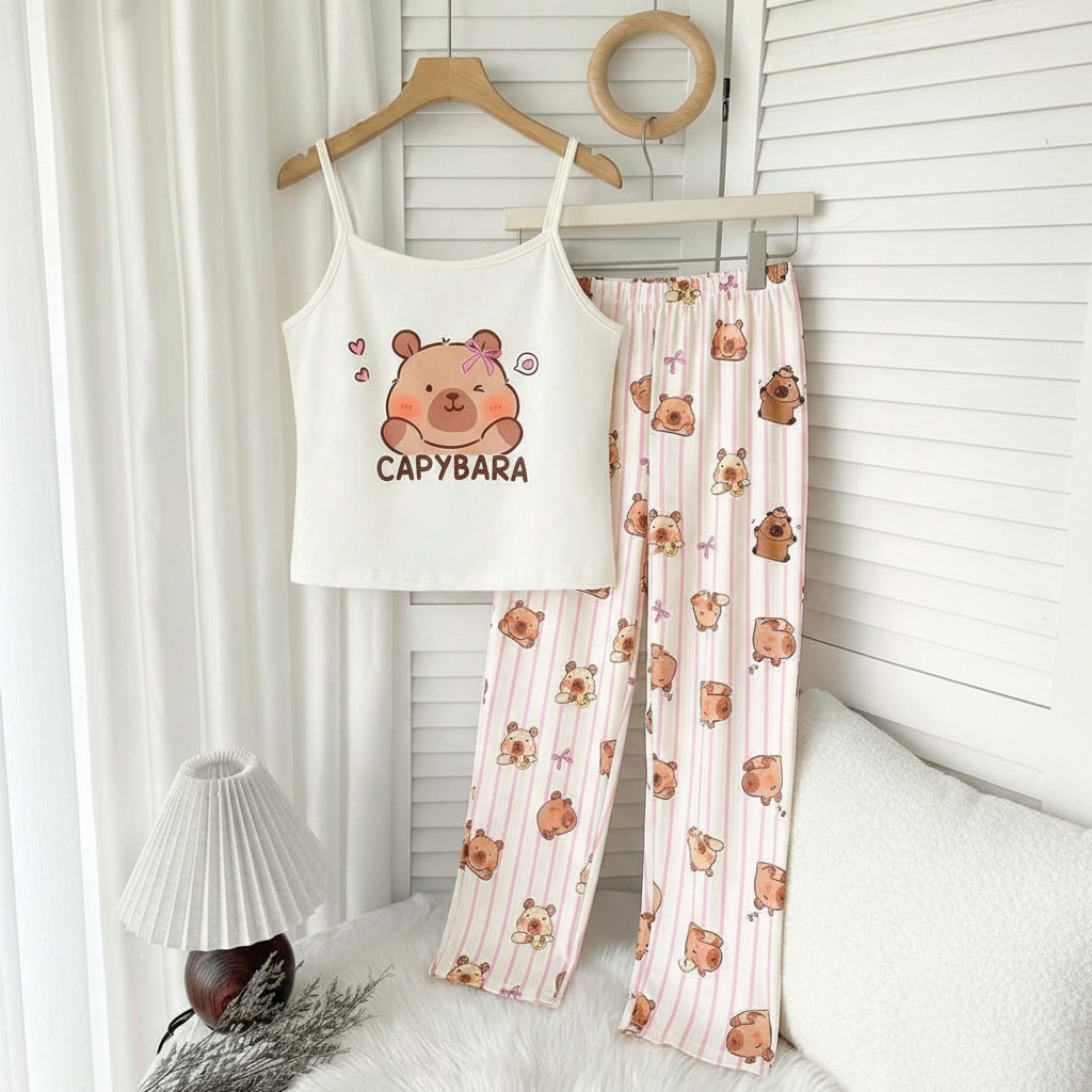 2 Piece Teddy Bear Printed Loungewear Set With Crop Camisole And Pants For Girls